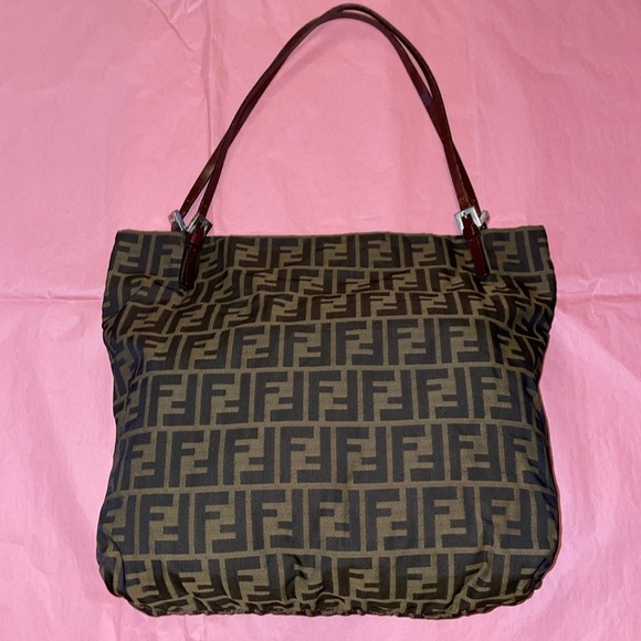 Authenticated FENDI vintage Zucca  canvas large shoulder tote w/leather straps. - Picture 2 of 15
